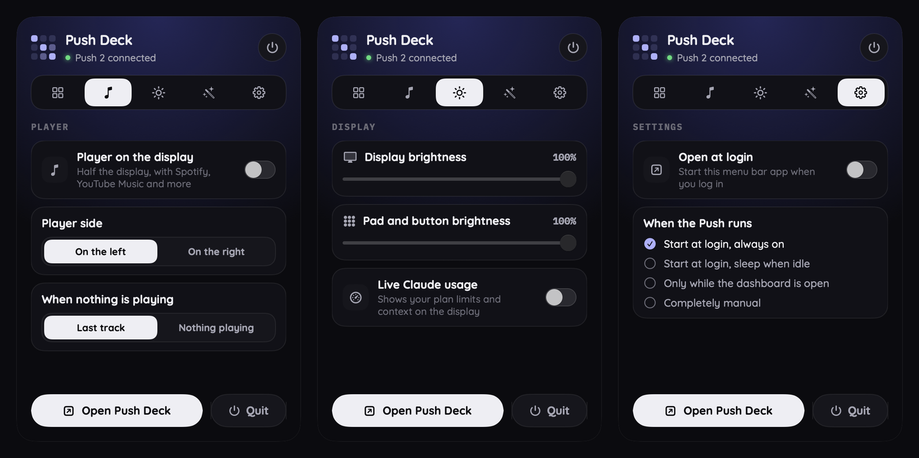 The menu bar panel, three tabs
