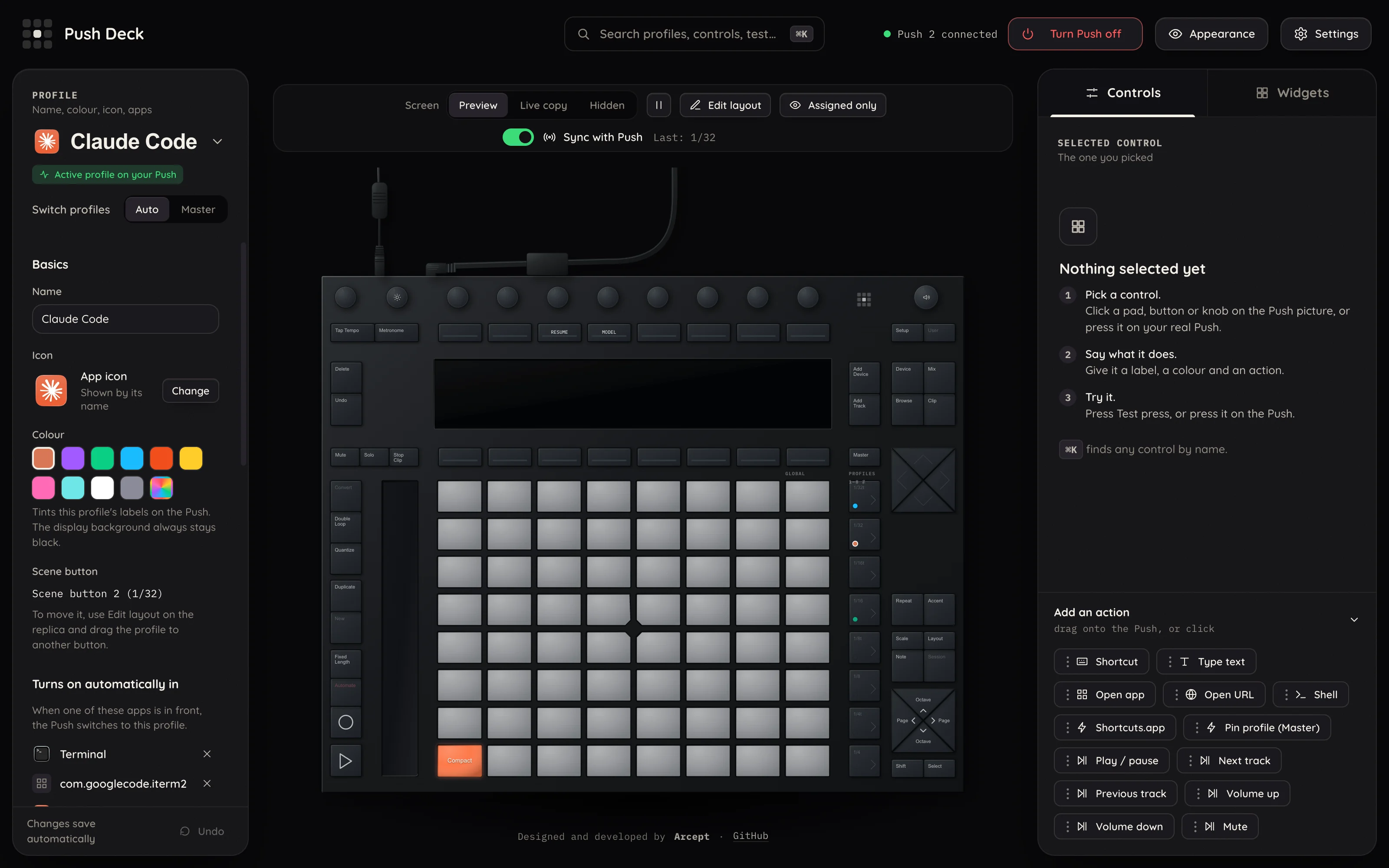 The Push Deck window: the Claude Code profile, a replica of the Push 2 and the controls inspector